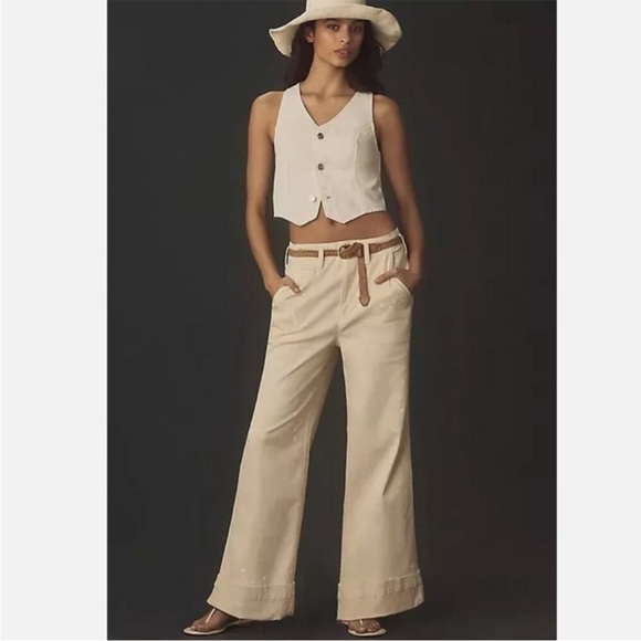 Anthropologie Pilcro 26 Slouchy Full-Length Paint Splatter Chino Pants Creme - Picture 1 of 10